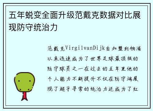 五年蜕变全面升级范戴克数据对比展现防守统治力